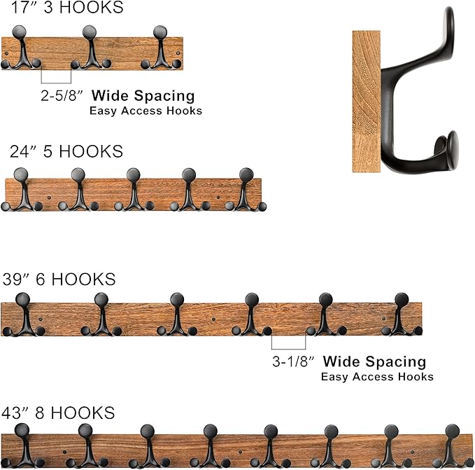SKOLOO 43-Inch Wood Burnt Coat Rack Wall Mount with 8 Triple Hooks - Ideal for Family Entrances, Classrooms, and Pet Supplies Storage - Perfect Coat Hooks for Wall, Pack of 2