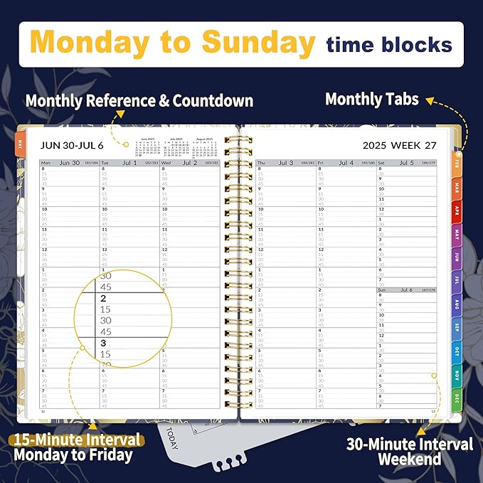 SUNEE 2025-2026 Appointment Book, Quarter-Hourly, Weekly & Monthly - from July 2025 to June 2026, 6.4"x8.3" Academic Planner, Flexible Cover, Note Pages, Pockets, Bookmark, Spiral Binding, Vintage