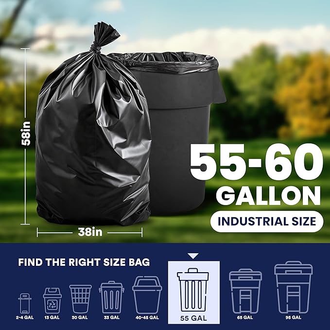 Plasticplace 55-60 Gallon Trash Bags │ 1.0 Mil │ Black Heavy Duty Garbage Can Liners │ 38” x 58” (100 Count)