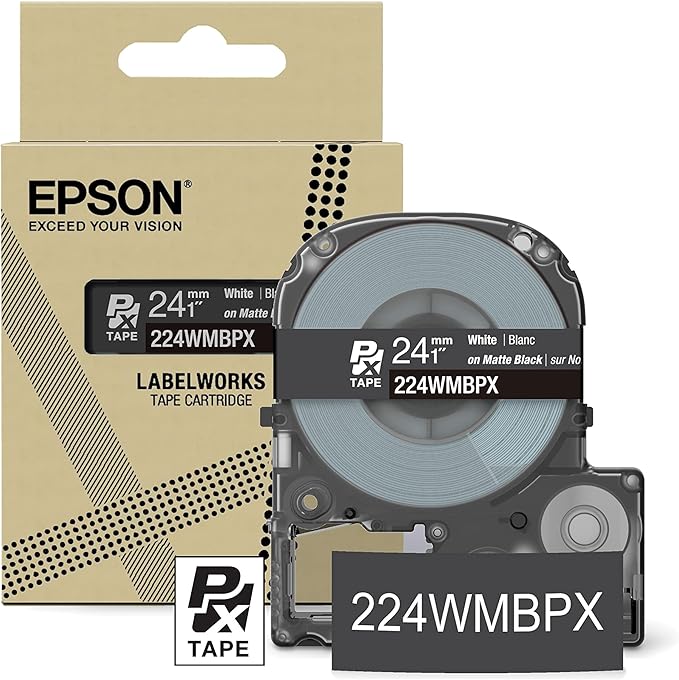 Epson LABELWORKS 224WMBPX Genuine PET (Polyester) Tape Cartridge - White on Matte Black Designer Craft Label Maker Tape - 1" (24MM) Wide, 26'