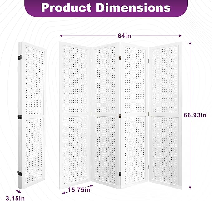 Room Divider, 5.6FT Folding Room Divider Panel, 4 Panel Pegboard Display Wood Partition Wall Divider for Room Separation& Craft Shows, White