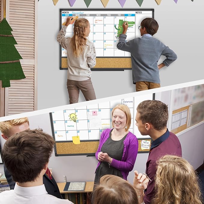 XBoard Dry Erase Calendar Whiteboard 48 X 36 - Combo White Board Calendar Monthly, Magnetic White Board + Corkboard with Black Aluminum Frame, Colorful Push Pins & Marker Tray Included