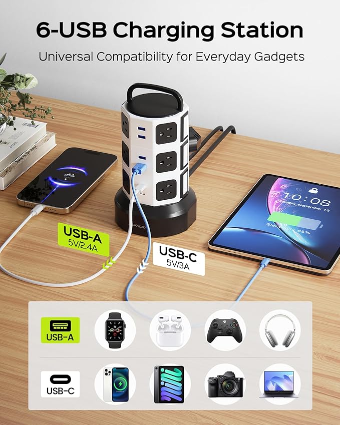 Power Strip Tower Surge Protector, JACKYLED 12 Outlets 6 USB (2 USB C) Charging Station, Extension Cord with Multiple Outlets, 1050J 1625W/13A Outlet Extender 6.5ft Extension Cord for Home Office