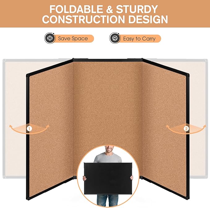 Board2by Extra Large Cork Bulletin Board 96" X 48", Foldable Notice Pin Board for Wall, Black Aluminum Framed 8'x4' Corkboard, Wall Mounted Noticeboard with 36 Push Pins for School, Home & Office