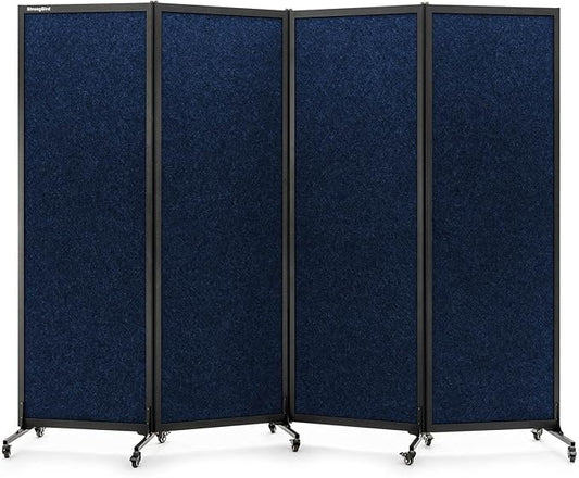 Upgrade Version Room Partition and Divider, Freestanding Rolling Dividers with Wheels,Office Privacy Screen Divider Wall,Classroom Felt Dividers,8'2"L* 6'7"H,4 Panel，Blue