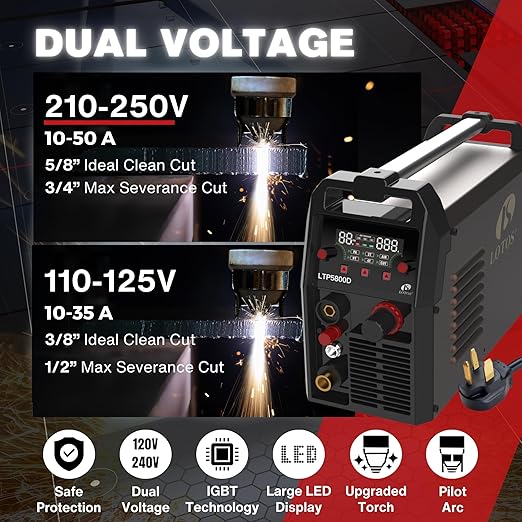 LOTOS LTP5800D 58A Plasma Cutter, 5/8" Clean Cut (3/4" Severance), Non-Touch Pilot Arc, Up to 15% Faster Cutting, Dual Voltage 110/220V, LED Panel & Front Regulator, Portable Plasma Cutting Machine