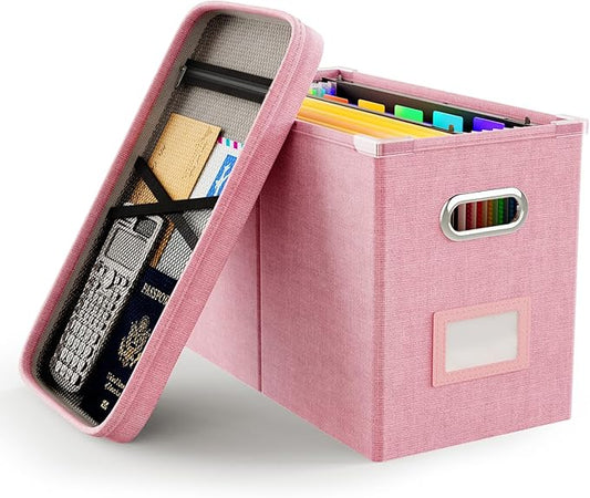 Oterri File Organizer Box with Lid, Hanging Filing File Box with Mesh Pocket, Document Organizer Box for Letter Files, Portable Storage Box with Smooth Sliding Rail for Office&Home (1 PCS, Pink)
