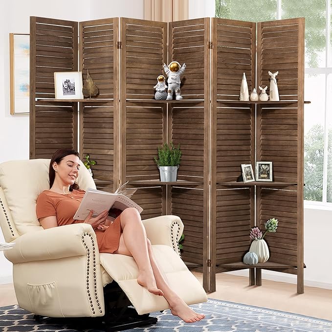 Room Divider with Shelves, 5.6FT Folding Room Divider Panel, 6 Panel Wood Partition Wall Divider for Room Separation, Dark Brown