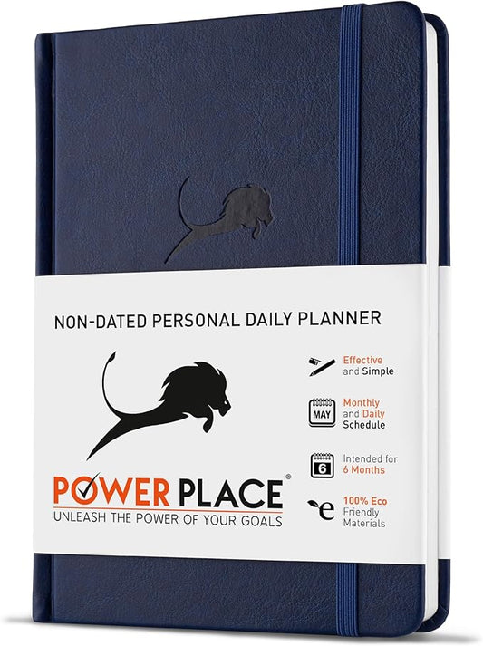 Undated Day Planner & Calendar – 6-Month Life Organizer for Productivity, Time-Management & Focus | 24-Hour Hourly Agenda for Men & Women, Vegan Leather Hardcover (Blue)