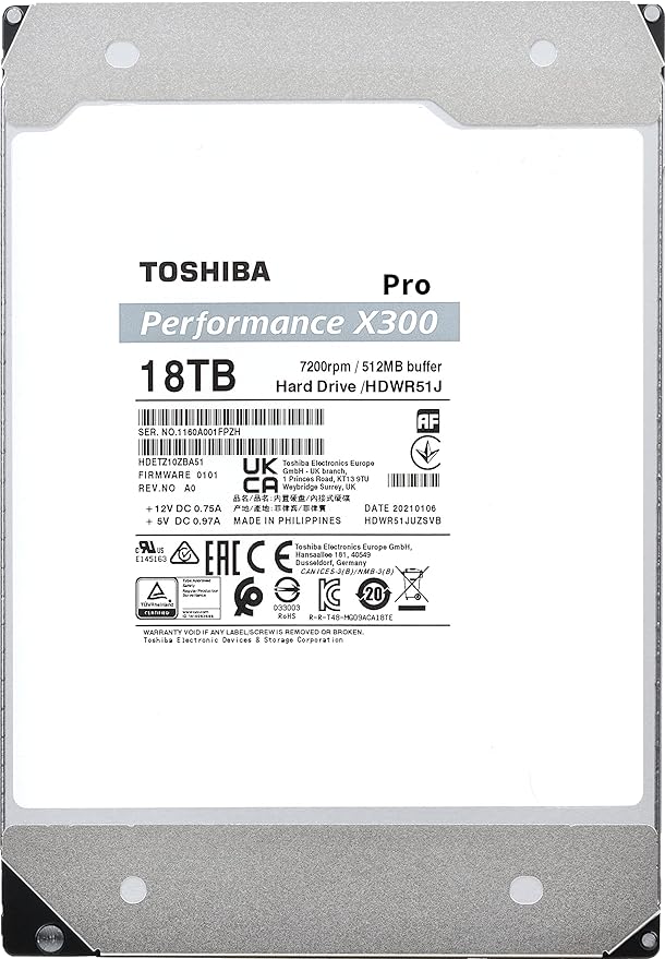 Toshiba X300 PRO 18TB High Workload Performance for Creative Professionals 3.5-Inch Internal Hard Drive – Up to 300 TB/Year Workload Rate CMR SATA 6 GB/s 7200 RPM 512 MB Cache - HDWR51JXZSTB