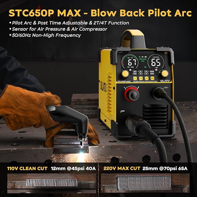 SILATU CNC Plasma Cutter Machine, 65Amp Blow Back Pilot Arc Air Sensor Technology, Large Screen Display, 110V/220V Dual Voltage Non-Touch CNC Plasma Cutting Machine, 16mm Clean Cutting Thickness