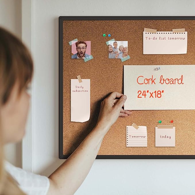 Board2by Cork Board Bulletin Board 24 x 18, Black Aluminium Framed Corkboard, Office Board for Wall Cork, Large Wall Mounted Notice Pin Board with 16 Push Pins for School, Home & Office