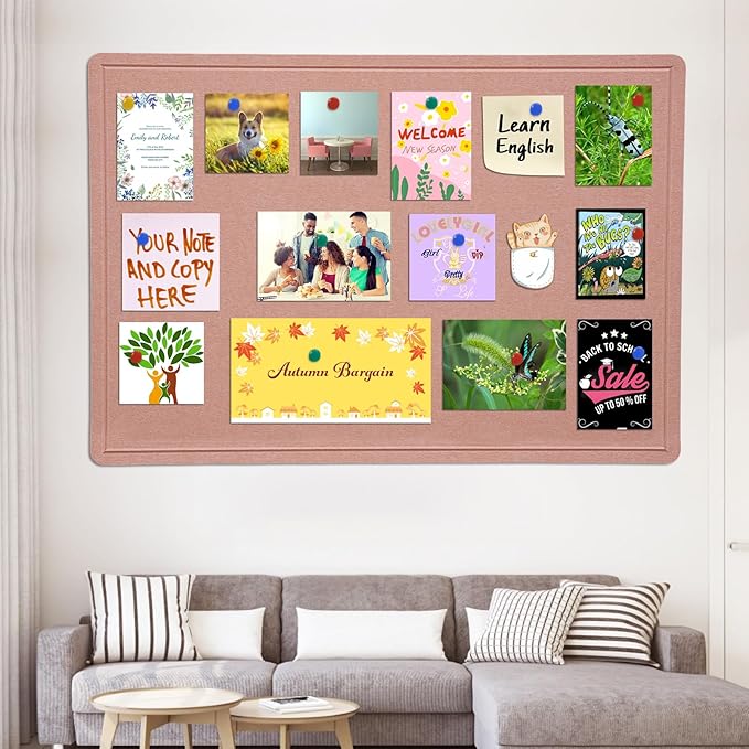 Large Bulletin Board - 48 X 36 inches Decorative Felt Pin Board - 4' x 3' Cork Board Alternative for Wall - Foldable Photo Board Self-Adhesive Vision Board Prayer Board with 30 Pushpins - Pink