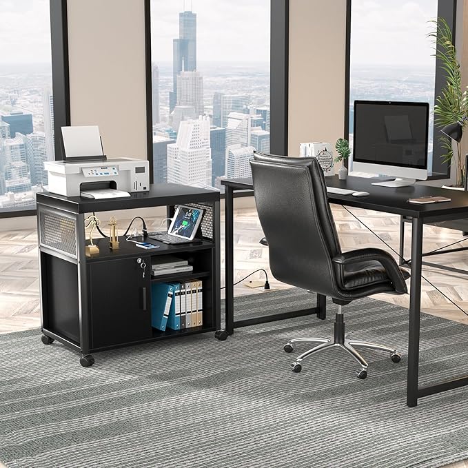 Unikito Lateral File Cabinet, Locking Office Filing Cabinets with Socket and USB Charging Port, Modern Rolling Printer Stand with Storage for A4, Letter Size and File Folders, Black