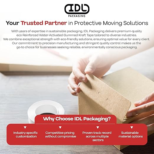 IDL Packaging 2.83" x 450 Feet Reinforced Water-Activated Kraft Gummed Tape 30lb Thickness (Pack of 4) - Secure Paper Packing Tape for Secure Carton Sealing - Heavy-Duty for All Conditions, White