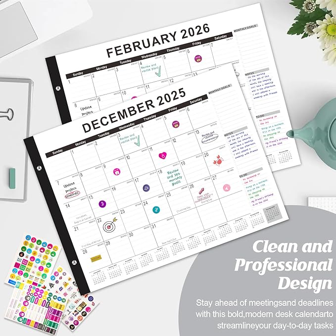Gannyfer Desk Calendar 2025-2026, Large Calendar 2026 22" x 17", July 2025 - Dec 2026, 18 Monthly Academic Desktop Pad Calendar with Plastic Cover, Thick Paper, for Planning and Organizing in Office, School, Family(6 Stickers)