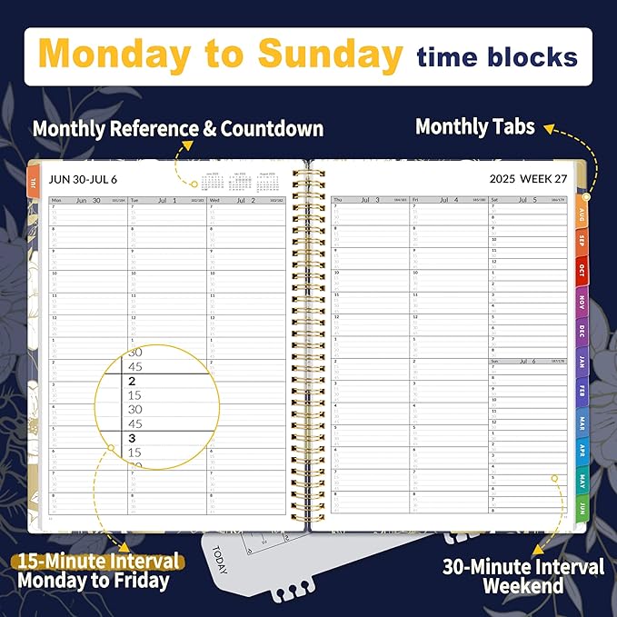SUNEE 2025-2026 Appointment Book, Quarter-Hourly, Weekly & Monthly - from July 2025 to June 2026, 8.5"x11" Academic Planner, Flexible Cover, Note Pages, Bookmark, Spiral Binding, Vintage