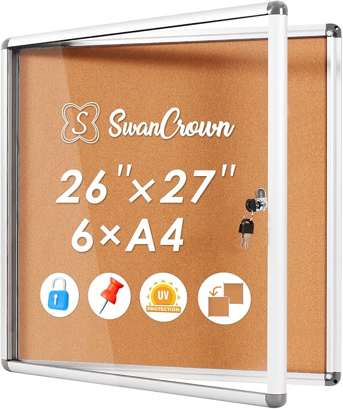 SWANCROWN Enclosed Cork Bulletin Boards Wall-Mounted Noticeboard Protective Display Case for Retail School Apartment 28x26 inch (6xA4)