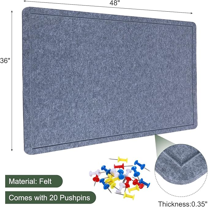 YOKIVE Felt Bulletin Board, 48 x 36 -Inch Foldable Decorative Pin Board Self Adhesive Felt Cork Board with 20 Pushpins, Great for Wall, Photo Display, Paste Note, Schedule(Gray)