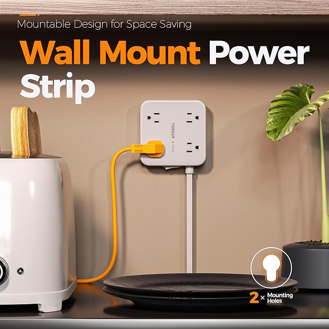 Surge Protector Power Strip Flat Plug, TESSAN Long Extension Cord 10 FT with 8 Outlets, 3 USB Ports(1 USB C), 3-Sided Outlet Extender, 900 Joules Protection, Desk Charging Station for Home, Office