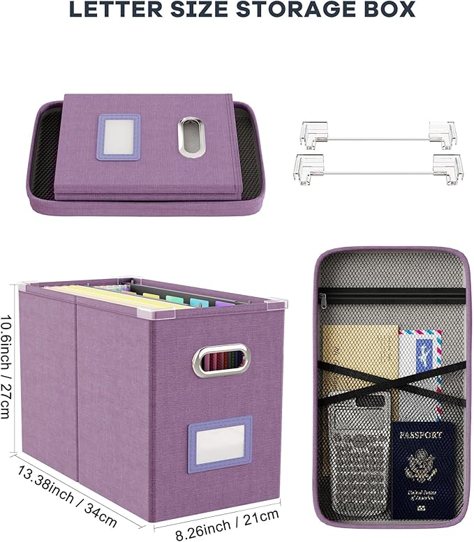 Oterri File Organizer With Lid, Hanging Filing Box With Mesh Pocket, Document Organizer for Letter Files, Portable Storage for Office & Home (2 PCS, Taro Purple)