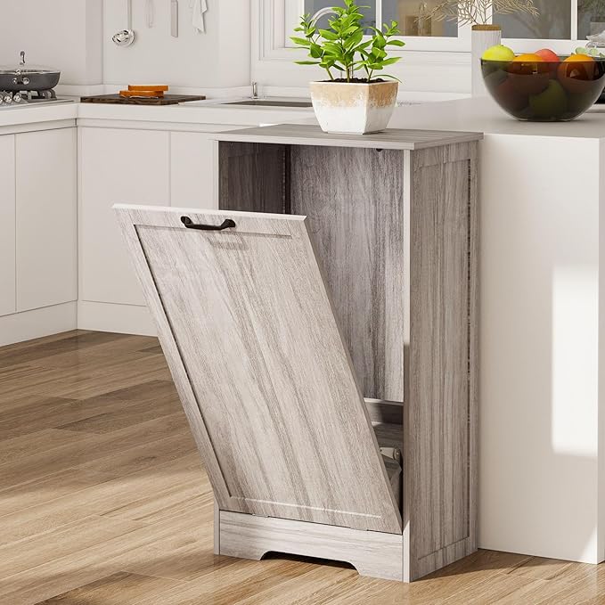 Tilt Out Trash Can Cabinet, Wooden Dog Proof Trash Can Cabinet Laundry Hamper, Hidden Large Recycling Bins for Kitchen, Living Room, Bathroom, Wash Grey