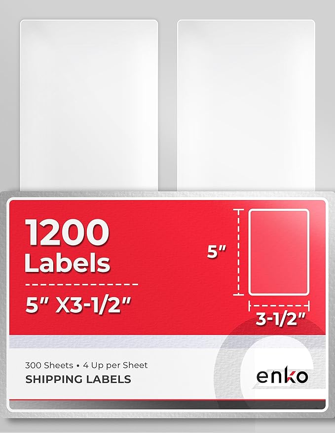 enKo 3-1/2 x 5 inches Label - White Blank - 4 Up Per Sheet Shipping Address Mailing Labels for Laser Inkjet Printer (300 Sheets, 1200 Labels)