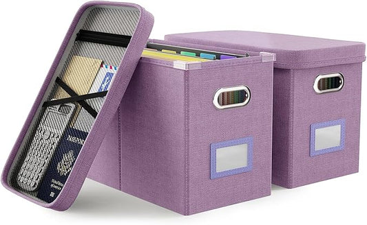 Oterri File Organizer With Lid, Hanging Filing Box With Mesh Pocket, Document Organizer for Letter Files, Portable Storage for Office & Home (2 PCS, Taro Purple)