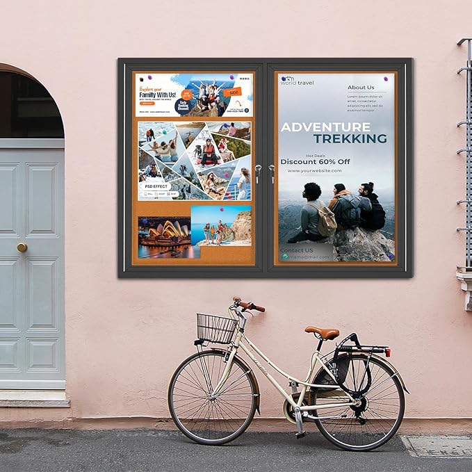 Enclosed Bulletin Board Lockable,Double-Door Weatherproof Outdoor Noticeboard with Locking Door, Wall-Mounted Aluminum Framed Presentation Board, 44x32 Inch (8xA4)