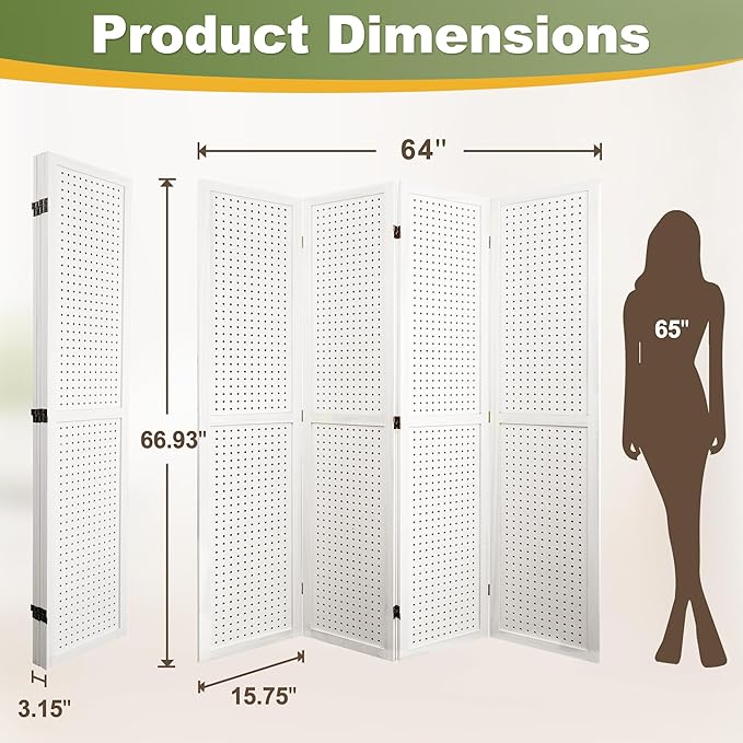 NicBex 4 Panel Pegboard Display,5.6FT Wood PegBoard Room Dividers,Folding Privacy Screens Portable Freestanding Display Board for Craft/Art Shows,Room Separation,White