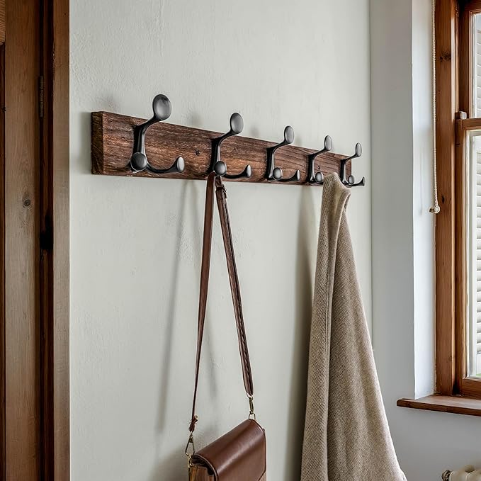 SKOLOO 30-Inch Wood Burnt Coat Rack Wall Mount with 5 Triple Hooks - Ideal for Family Entrances, Classrooms, and Pet Supplies Storage - Perfect Coat Hooks for Wall