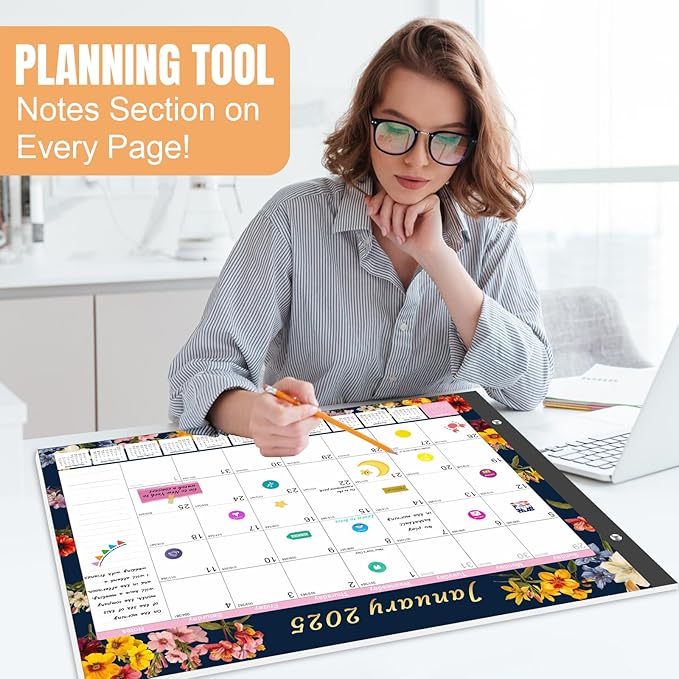 Gannyfer Desk Calendar 2025-2026, Large 22"x17" Desktop Calendars 18 Month Jan 2025 - Jun 2026, Monthly Planner Pad with Plastic Cover -Dark Floral
