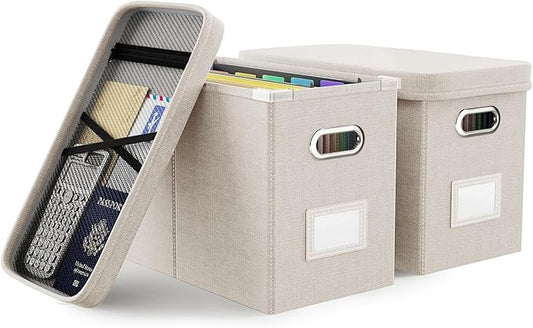 Oterri File Organizer With Lid, Hanging Filing Box With Mesh Pocket, Document Organizer for Letter Files, Portable Storage With Smooth Sliding Rail for Office & Home (2 PCS, Beige)