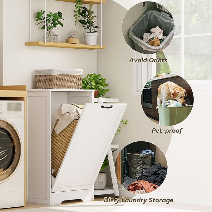 10 Gallon Tilt Out Trash Cabinet, Wooden Hidden Free Standing Kitchen Garbage Can with lid, Modern Pet-Proof Trash Can Holder for Bathroom, Living Room, Laundry Room, White