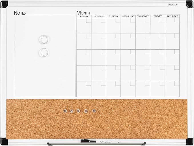 VUSIGN Monthly Calendar Whiteboard Dry Erase Cork Board Combo, 18" x 24" Planning Board, Silver Aluminium Frame