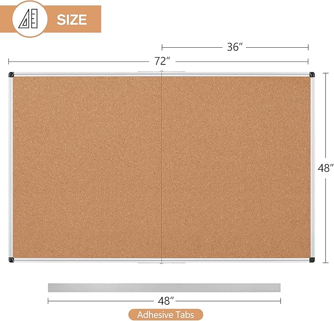 Board2by Extra Large Cork Bulletin Board 72" X 48", Foldable Notice Pin Board for Wall, Silver Aluminum Framed 6'x4' Corkboard, Wall Mounted Noticeboard with 36 Push Pins for School, Home & Office