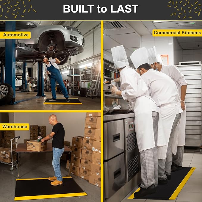 Vergo Industrial 15/16” Extra Thick Anti Fatigue Mat - Heavy Duty Commercial Grade Diamond Plate Ergonomic Standing, Non-Slip Black with Yellow Anti Fatigue Floor Mat for Work, Shop (2-Pack 2' x 3')