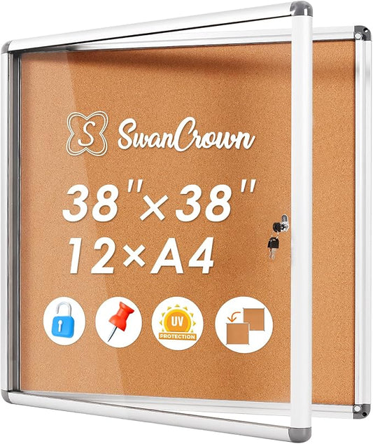 SWANCROWN Enclose Bulletin Board Case Big School Cork Pin Noticeboards Secure Cabinet for Message Guide 38x38inches (12xA4)