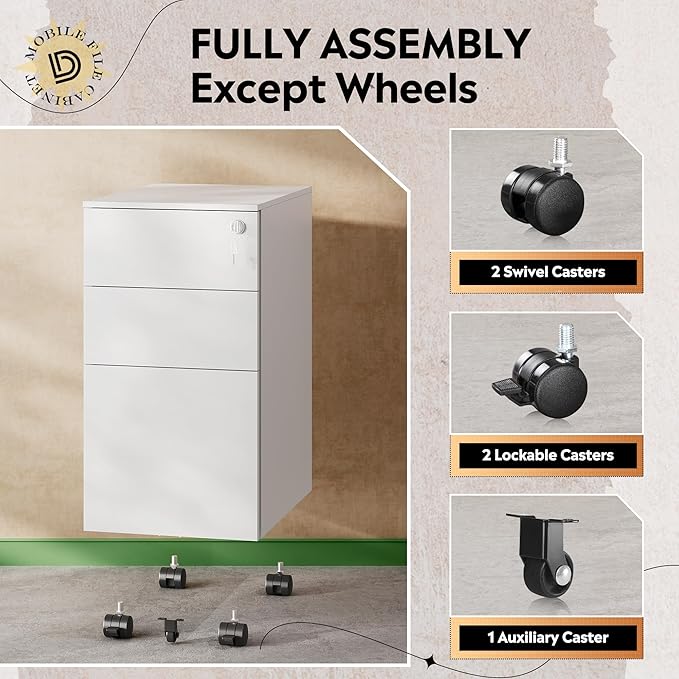 DEVAISE White File Cabinet, Small Filing Cabinet with 3 Drawers with Slim Width for Home Office, Rolling Under Desk Storage (11.8 inch)