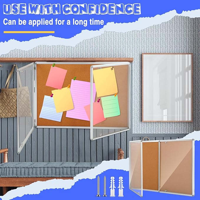 Enclosed Bulletin Board 48" x 36" Weather Resistant Lockable Notice Cork Display Board Wall Mounted 2 Locking Door for School Classroom Commercial Back to School, 12 x A4(Brown, Silver Frame)