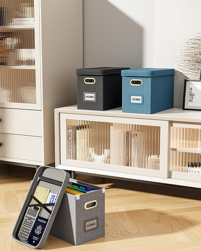 Oterri Hanging Filing File Box with Mesh Pocket, File Organizer Box with Lid, Collapsible Document Organizer Box for Letter Size, Easy Slide Durable Storage Box for Office/Decor/Home (2 PCS, Grey)