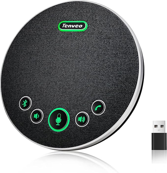 Tenveo Conference Speaker Microphone, Bluetooth/Dongle/USB Connectivity, 360° Sound Pickup and AI Noise Reduction, Compatible with Zoom, Teams, OBS, Supports 10-12 People for 8 Hours of Talk Time