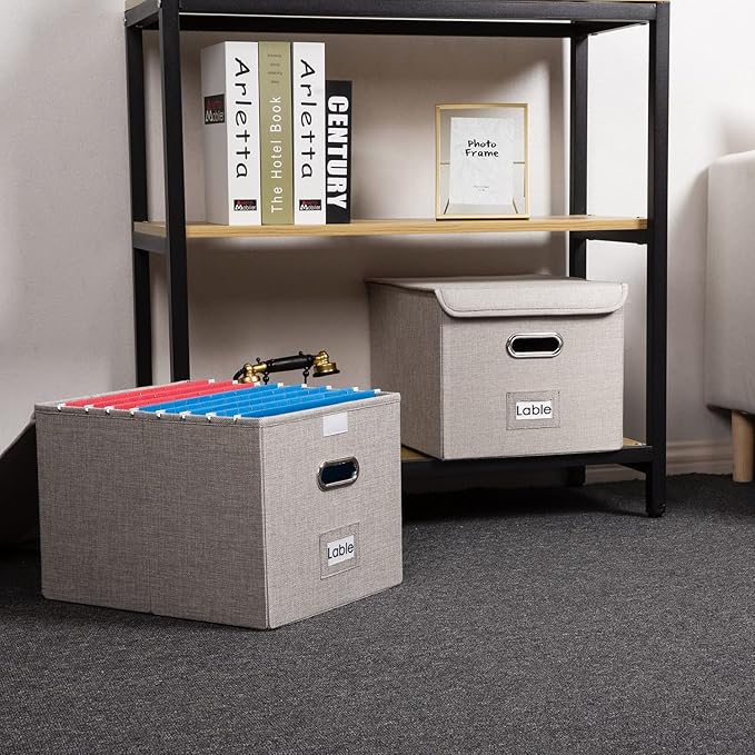 PRANDOM File Organizer Box - Set of 4 Collapsible Decorative Linen Filing Storage Hanging File Folders with Lids Office Cabinet Letter Size Light Grey (15x12.2x10.75 inch)