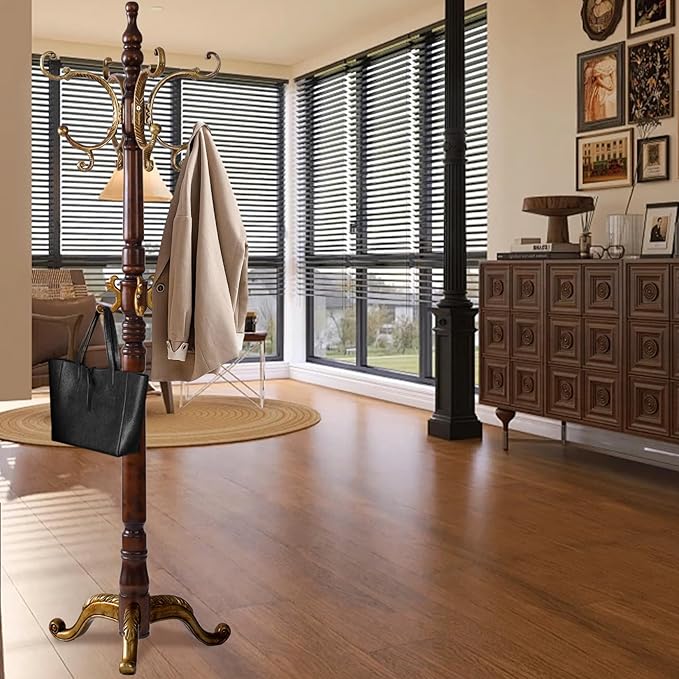 Wooden Coat Racks, Retro 78" Coat Tree with 12 Hooks & Stable Triangular Base, Entryway Coat Rack Freestanding for Hat, Clothes, Scarves, Handbags, Umbrella (Vintage)