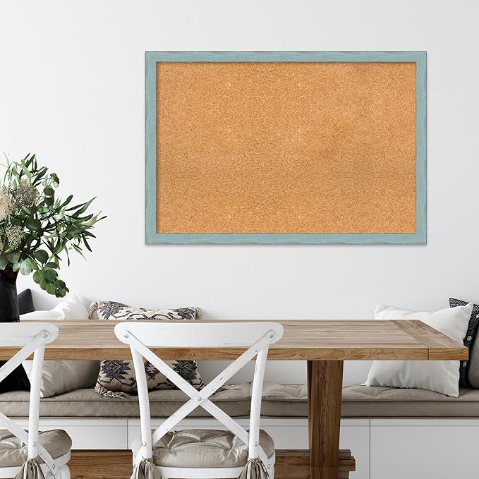 Amanti Art Natural Cork Board for Wall, 26x38 Vision Board with Blue Wood Frame, Large Corkboard Office Decor for Home Organization, Rustic Farmhouse Corkboard Pinboard to display items for home
