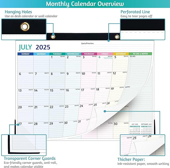 2025-2026 Desk Calendar – Shipped Flat, Large Desk Calendar, 22'' x 17'', Jul 2025 – Dec 2026, 18 Monthly Calendar, Best Desk/Wall Calendar with Desk Pad, To-do Lists, Ruled Blocks, Corner Protectors