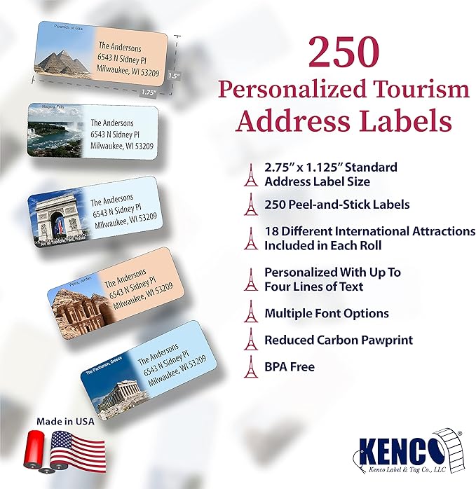 Customized Personalized Address Labels - Made in The USA by Kenco (250 Labels, World Destinations)