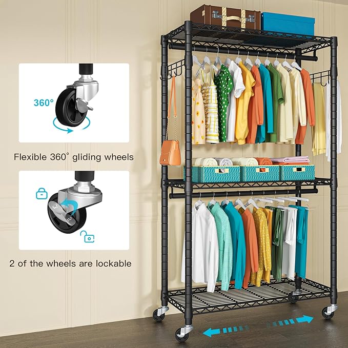P1 Heavy Duty Garment Rack, 3 Tiers Adjustable Rolling Metal Closet Organizer with Lockable Wheels, FreeStanding Wardrobe with Double Hanger Rods & 1 Pair Hooks, Max Load 450 LBS, Black