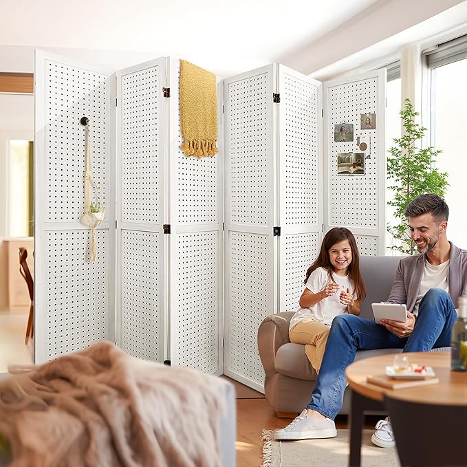 Room Divider, 5.6FT Folding Room Divider Panel, 6 Panel Pegboard Display Wood Partition Wall Divider for Room Separation& Craft Shows, White