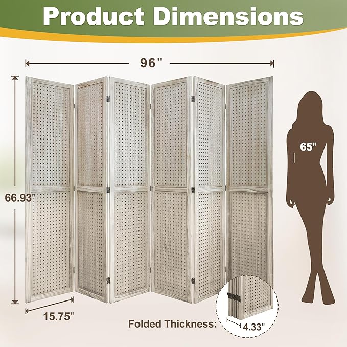 NicBex Room Divider 6 Panel Pegboard Display 5.6FT Wood PegBoard Room Dividers, Folding Privacy Screens Portable Display Board Wall Divider for Craft/Art Shows, Room Separation, Natural Wood